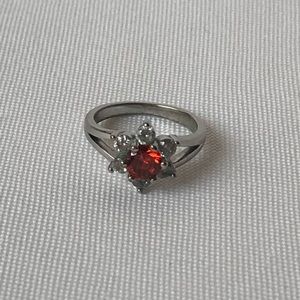 Crystal Flower Ring with Ruby Red Center